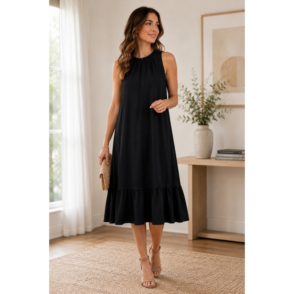 LOFT‎ Black Sleeveless Swing Dress High Neck Ruffle Hem Keyhole Back